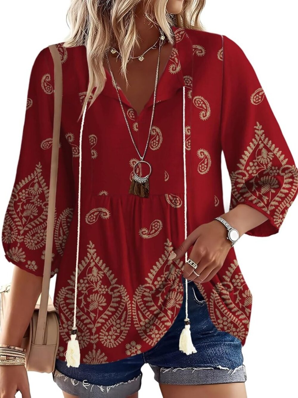 Summer Boho Tunic Tops for Women | 3/4 Sleeve Pleated V Neck Blouses, Casual
